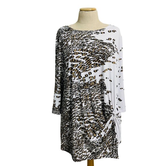 Clara Sunwoo Womens 1X Leopard Print Tunic Dress White/Brown 3/4 Sleeve - Picture 1 of 9